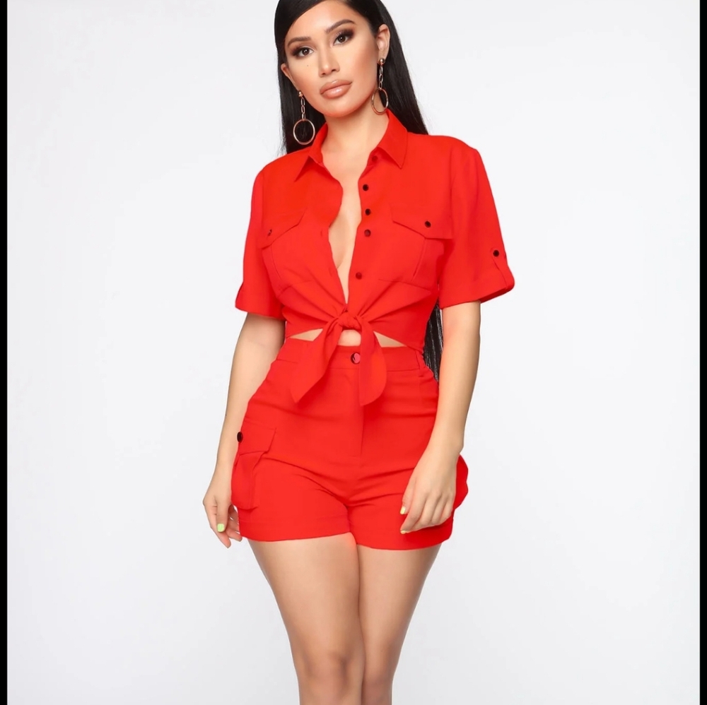 Red Tie-Front Short Set